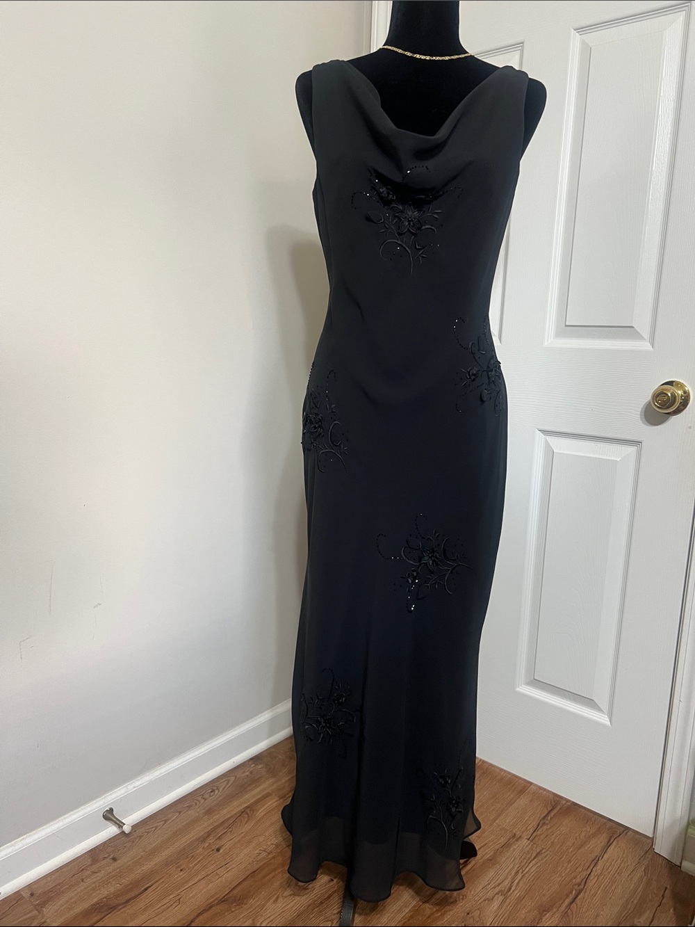 Adrianna Papell Evening Black Beaded Cowl-Neck Maxi Dress